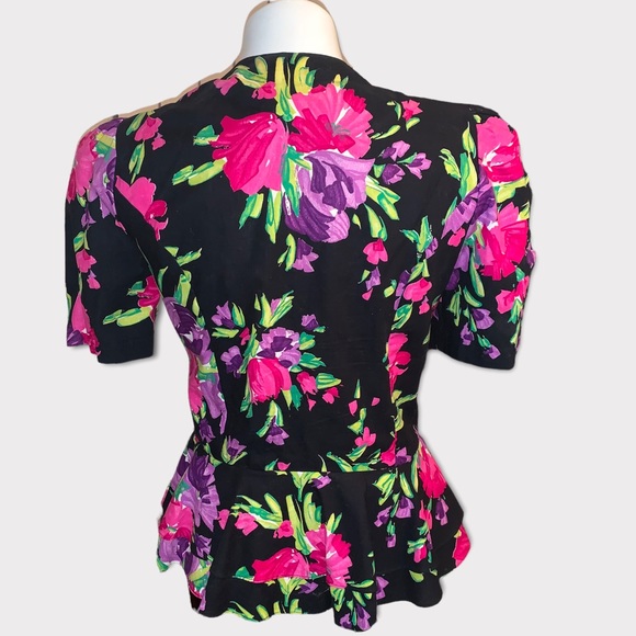 Vintage 80’s Vibrant Floral Ruffle Peplum Top - Picture 2 of 4